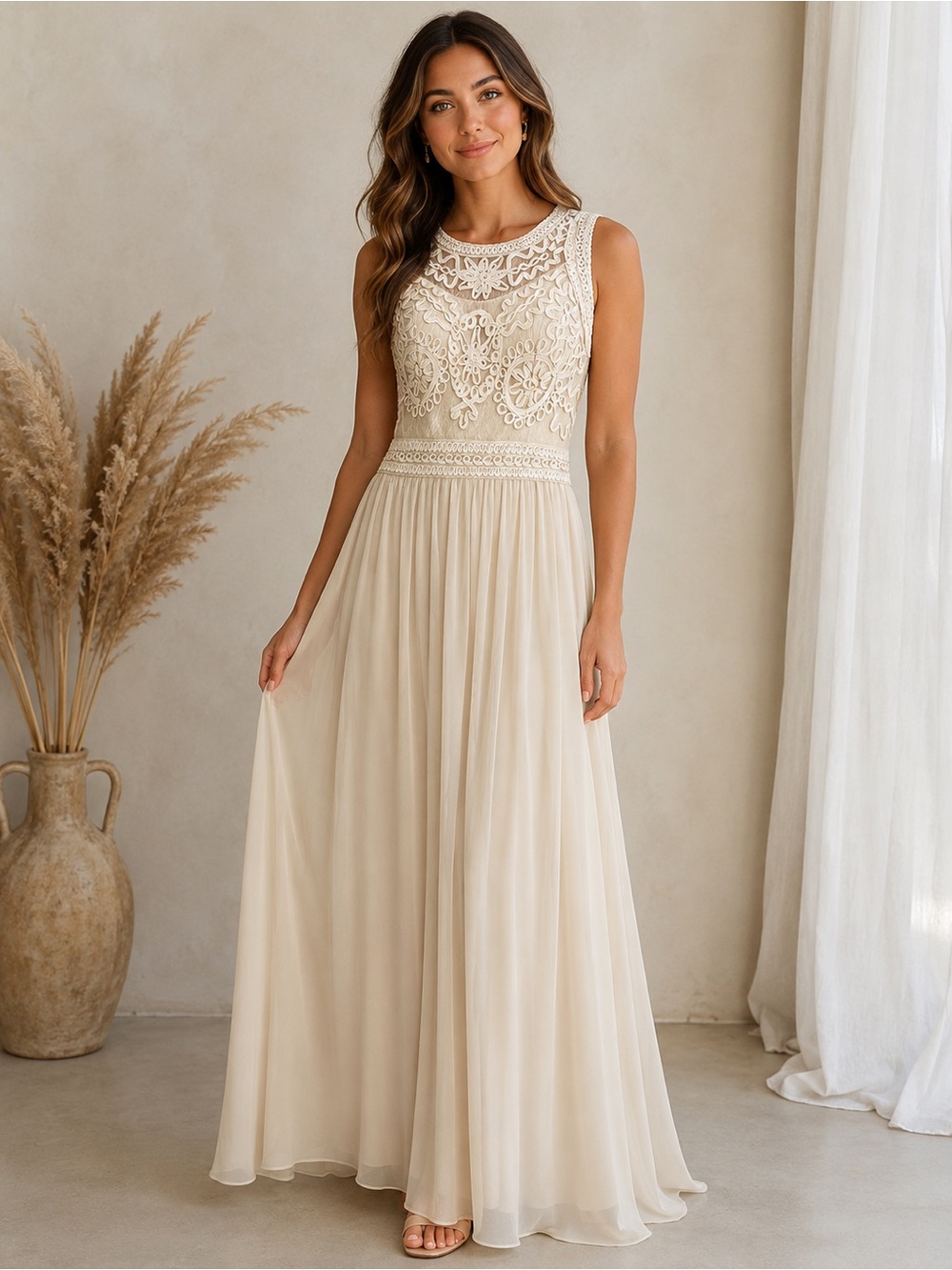 Elegant May Queen Crochet Lace Bodice Chiffon Maxi Dress/ Champagne Boho Gown